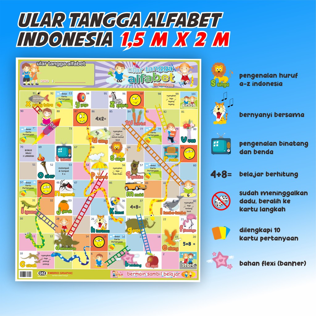 [1,5 m x 2 m] Ular Tangga Alfabet Indonesia / Ular Tangga Jumbo Alfabet / Ular Tangga Raksasa Karpet