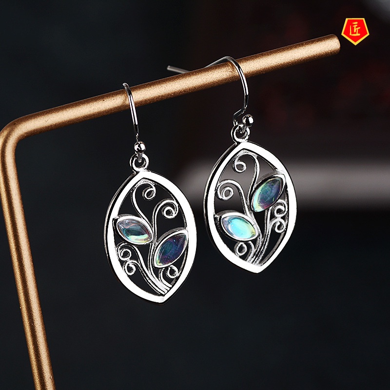 [Ready Stock]Creative Leaf-Shaped S925 Silver Colorful Moonstone Earrings