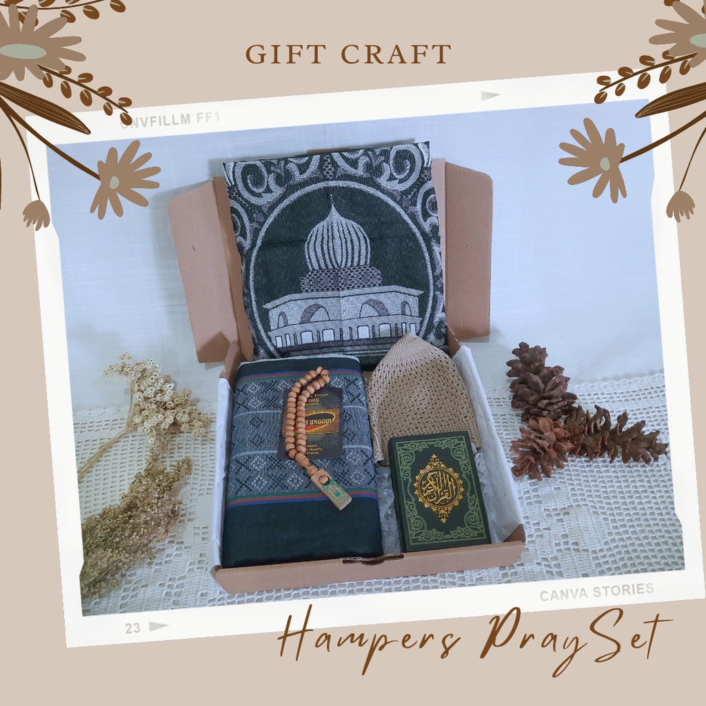 HAMPERS GIFT PRAY SET KADO COWOK PAKET SARUNG, SAJADAH, PECI, TASBIH PACKING BOX
