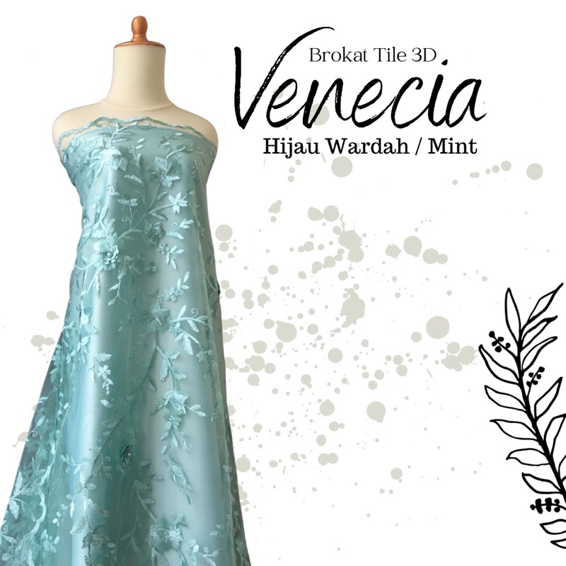 Kain Bahan Kebaya Premium Brokat Tile 3D Venecia Warna Hijau Wardah / Mint
