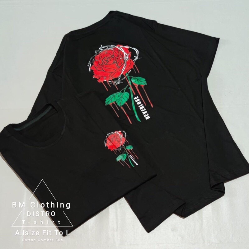 BAJU KAOS T SHIRT ATASAN DISTRO PRIA WANITA GAMBAR BUNGA MAWAR ROSE COWOK CEWEK MURAH KEREN HITAM XL