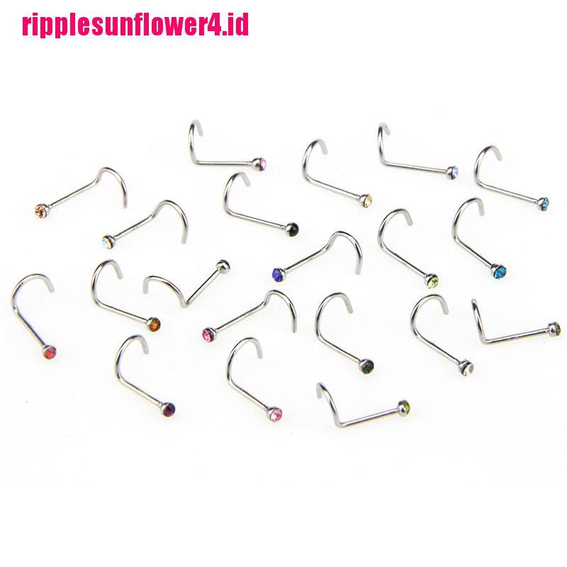 20pcs / set Anting Tindik Hidung / Tubuh Bahan Stainless Steel Hias Kristal Berlian Imitasi