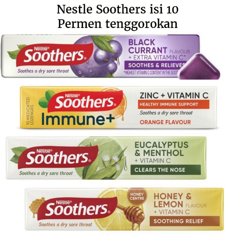 

Soothers Eucalyptus/Menthol Lozenges 10/Soothers blackcurrant/soothers immune/honey lemon/permen