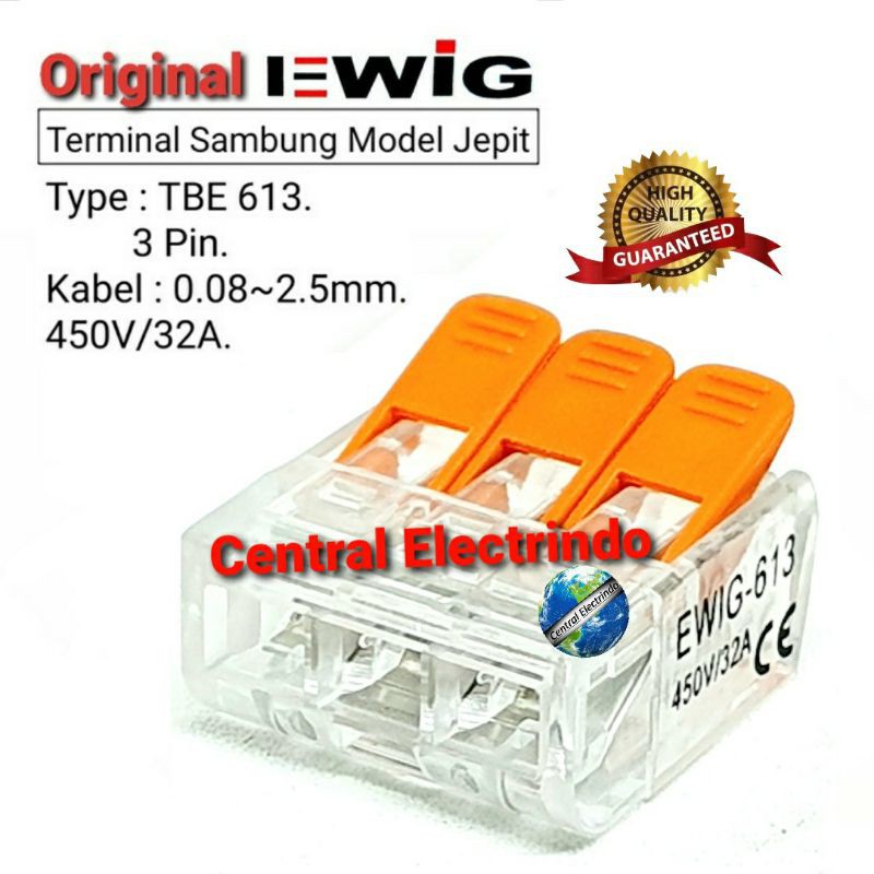 Terminal Block Sambung EWIG 3Pin Max 2.5mm 32A 450V Model Jepit.