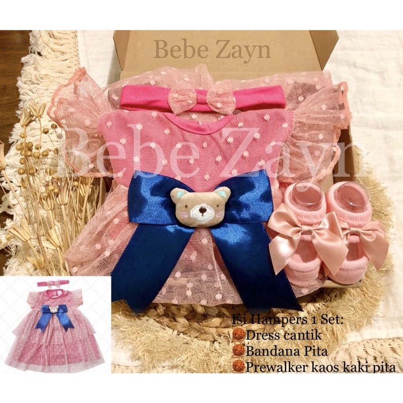 {BEBE ZAYN} Hampers baby/ hampers bayi/ baby gift/ kado bayi/ baby newborn/ Baby Girl/ Flowery Dress Set-Lacey Bear Pink
