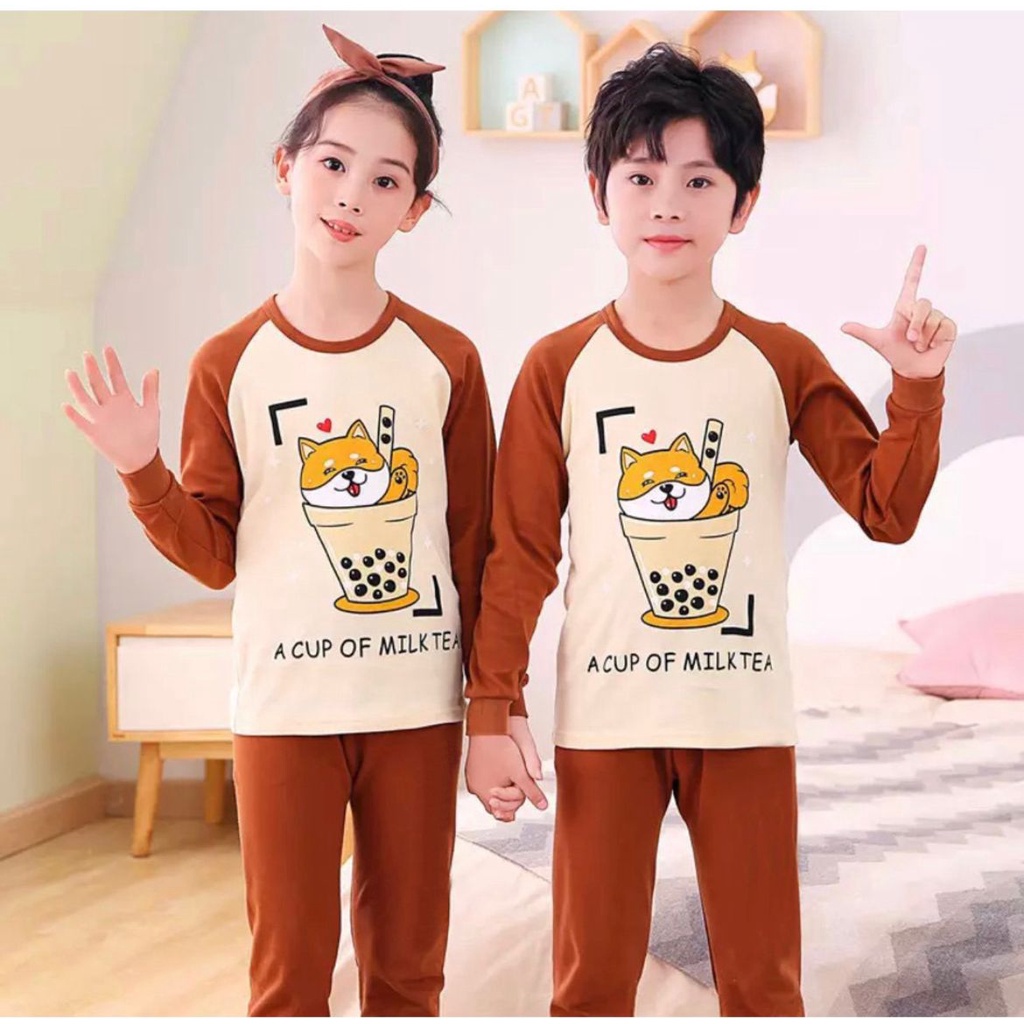SETELAN PIYAMA ANAK PIYAMA  KAOS / BAJU TIDUR ANAK LAKI LAKI BAJU TIDUR ANAK PEREMPUAN MOTIF KUCING BOBAA TERLARIS 6BULAMN - 5THN HARGA GROSIR