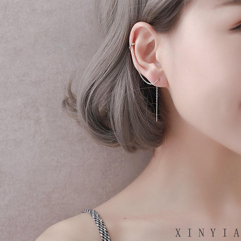 Anting Klip Bentuk C Model Rumbai Panjang