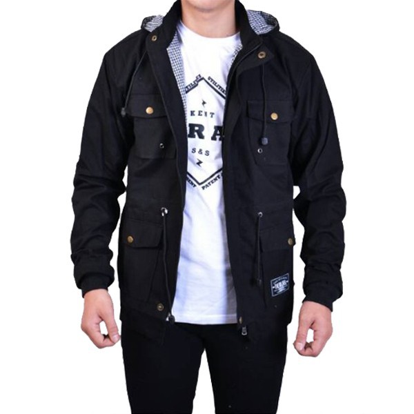 JAKET PARKA PRIA CANVAS POLOS HITAM PREMIUM