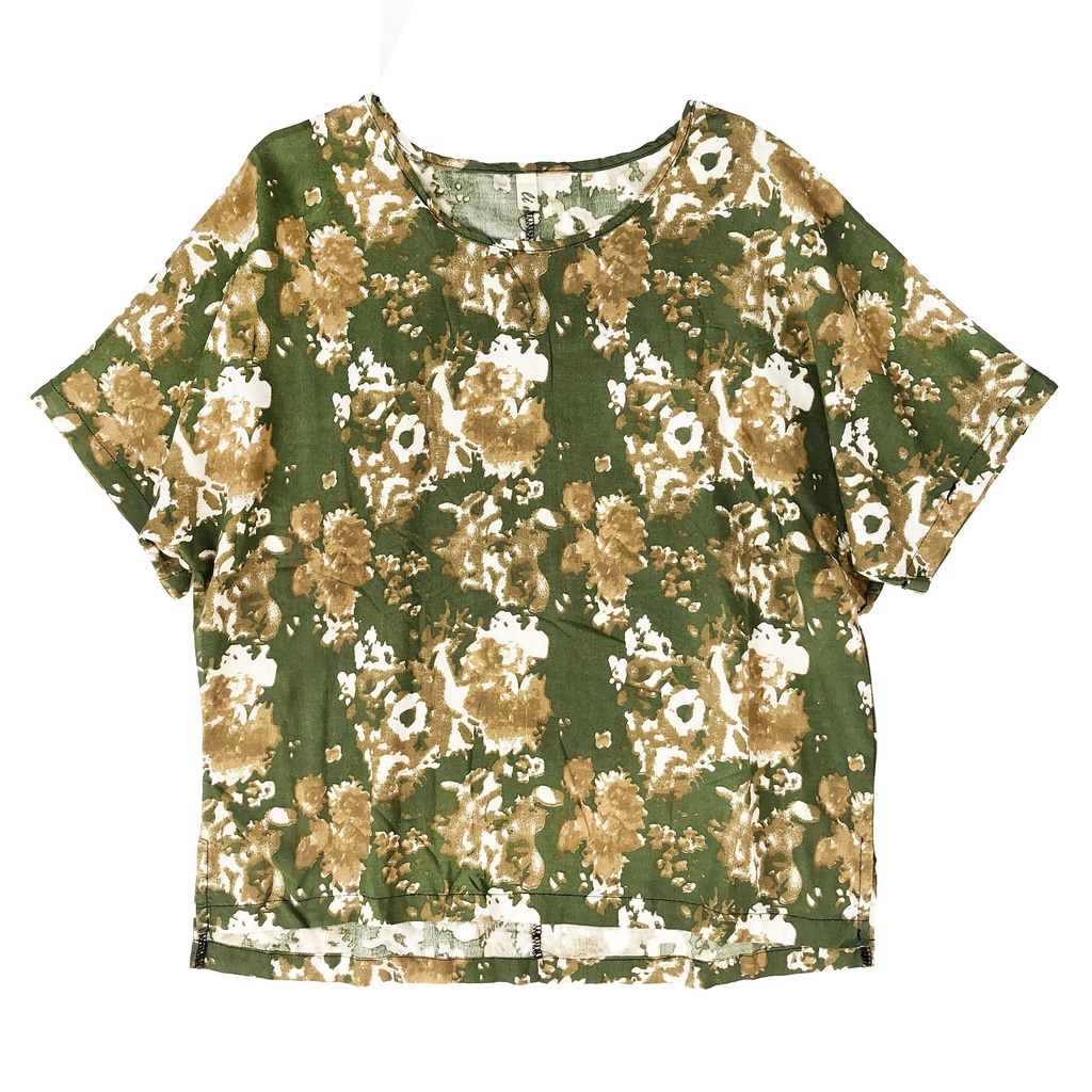 Blus Linen Hijau Bunga Kuning Abstrak Lengan Pendek Korea Import