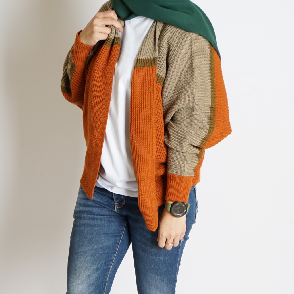 CARDIGAN BATWING RAJUT OVERSIZE PREMIUM / KOMBINASI / KHAKI CORAL STRIP BRONZE