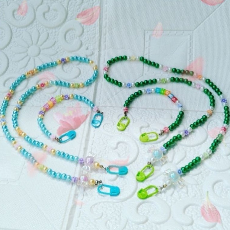 Satu Set /Kalung Masker + Konektor Masker Anak Mutiara ringan / manik2 Candy warna /Bisa request nam