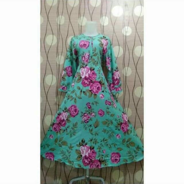 Gamis motif bunga mawar merah tosca