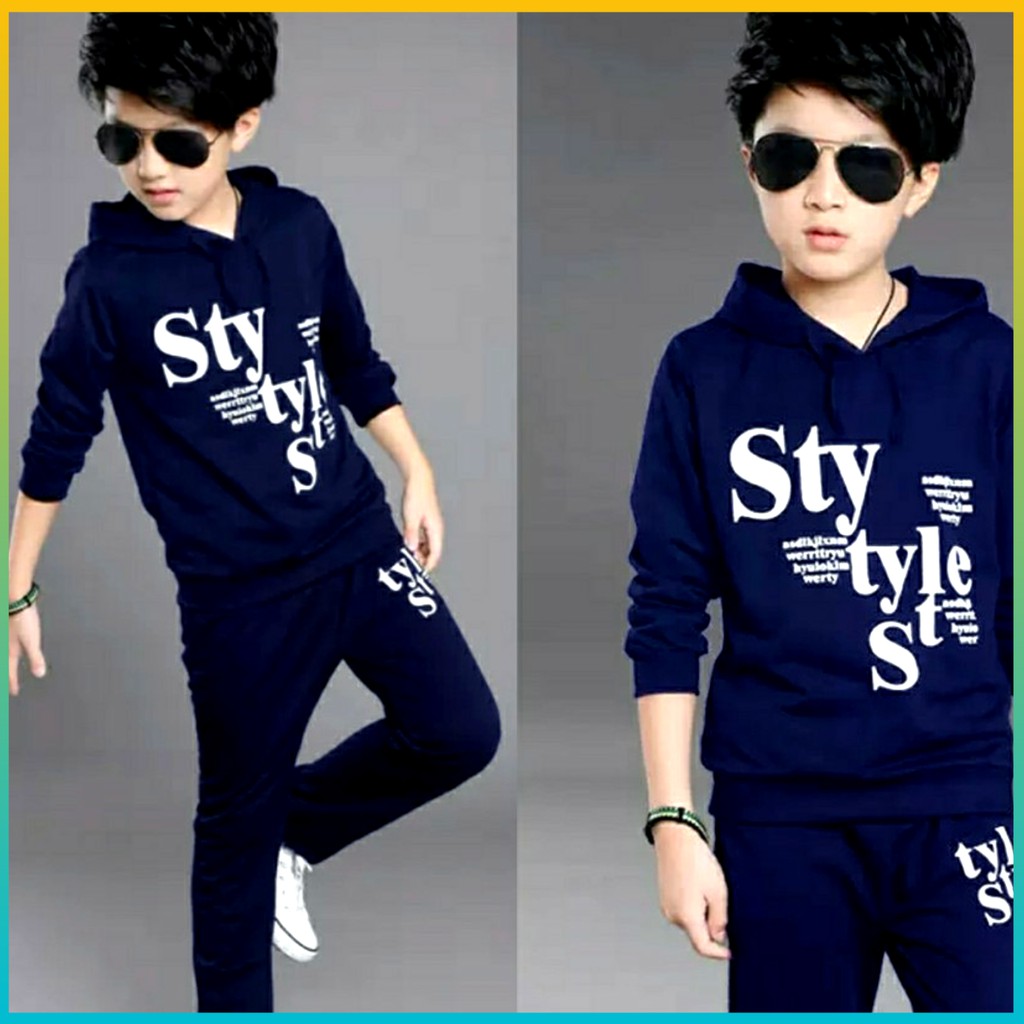 Setelan Fashion Kostum Baju Anak Laki Laki Stelan Set Pakaian Kaos Hoodie Umur 8-11Tahun Kekinian