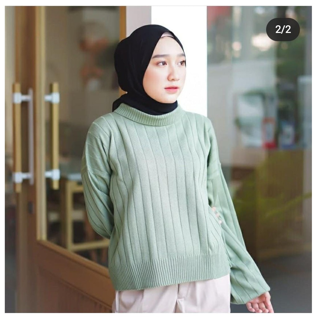 COD Delona Crop Turtle - Sweater Turtleneck Lengan Balon - Atasan Rajut Wanita Premium Terbaru 2021