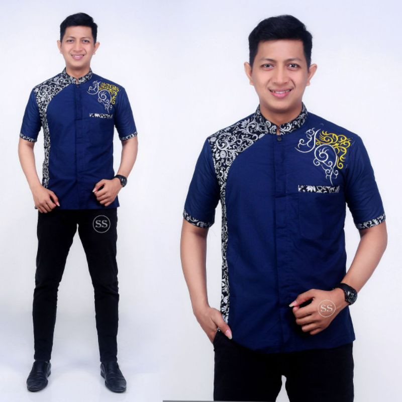 Baju Koko Pria Lengan Panjang Kombinasi Koko Batik Motif Bordir Bahan Halus Dan Adem