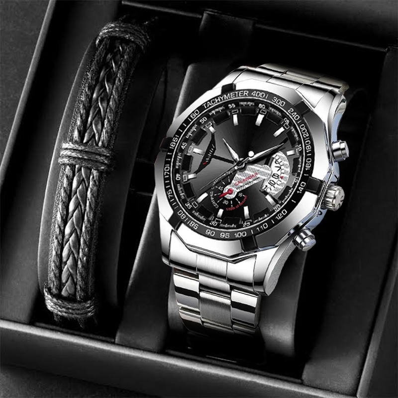 Jam Tangan Pria Gelang Set - Jam Tangan Kado - Jam Tangan Pria Kasual - Jam Tangan Pria Anti Air EL9090-VAR 2