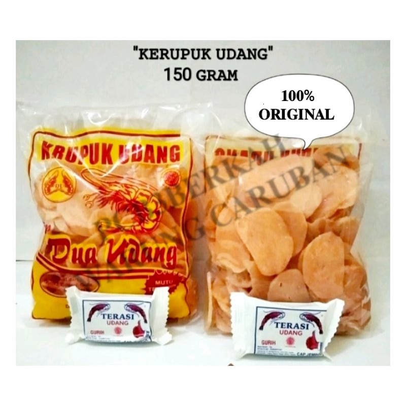 

KERUPUK UDANG @150 GR CAP 2 UDANG BONUS TEH/TERASI/CANDY