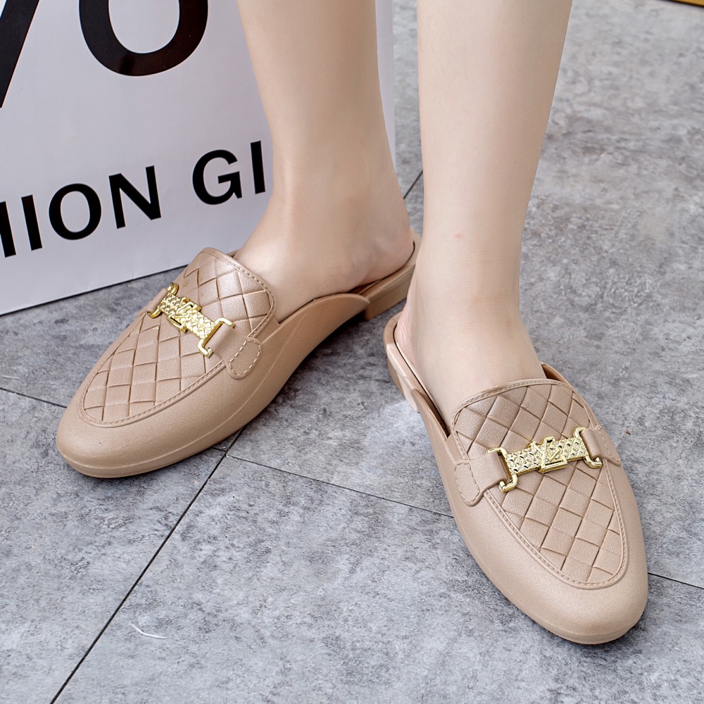 Sepatu Slop mules korea Jelly Karet Wanita Gesper LV Hak 3 cm Cantik Elegan Formal Mewah Impor MGR Mokaya Balance(1609/009)/ Size 36-40