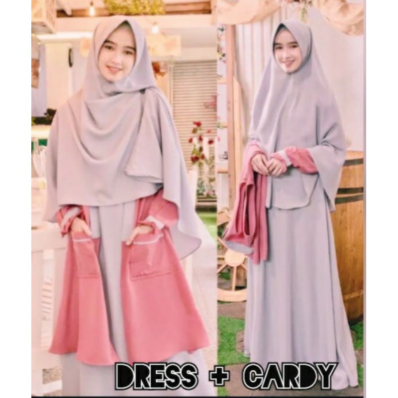 Elbina set(Dress+cardy)stelan baju muslim terbaru/dress plus cardy-ELBINA Grey-salem