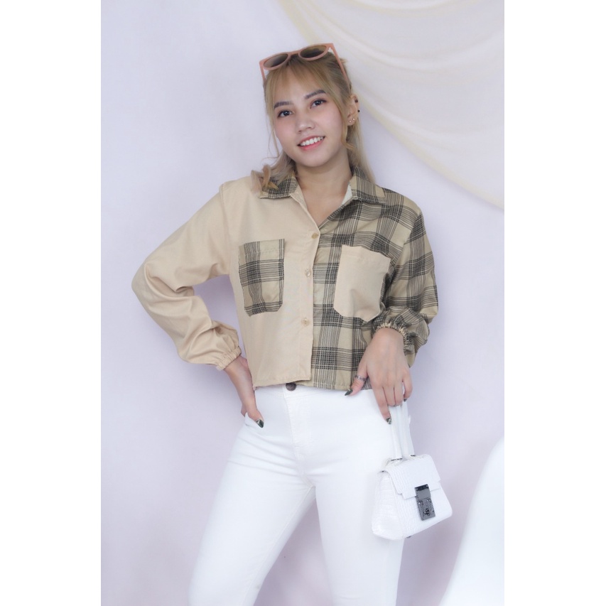 RX Fashion - Mika Crop Top Blouse // Shirt Top Tartan Two Tone // Kemeja Olive ( SPECIAL SALE - GRATIS ONGKIR )  - GA-COKSU- GUILEN COKSU