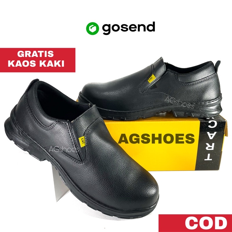 Sepatu Safety Slip On Bahan Kulit Ujung Besi Anti Slip &amp; Bonus Kaos Kaki