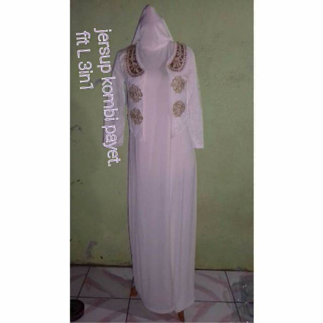 Gamis putih jersey super mix brukat halus dan payet