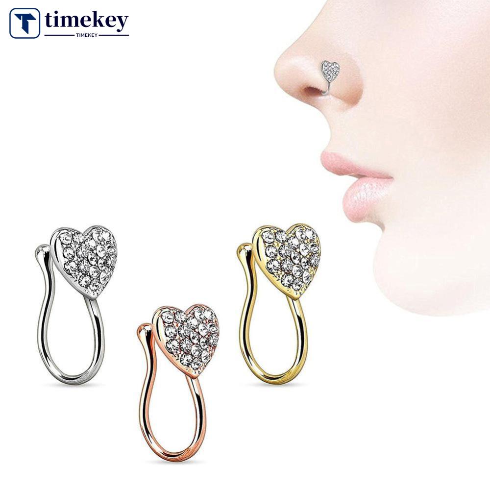 Timekey Cincin Tindik Hidung Desain Hati Hias Berlian Imitasi Unik Untuk Wanita A8B3