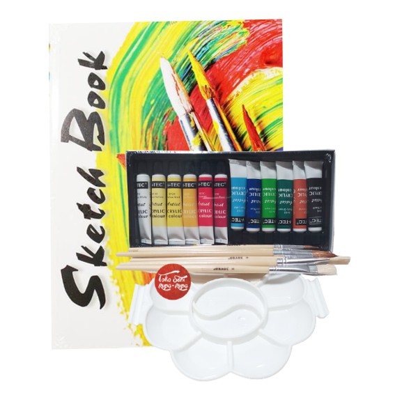 

Paket Alat Lukis, Paket Menggambar, Mewarnai (Sketch Book 50 lbr, Kuas set, Palet, Car Air 12 warna)