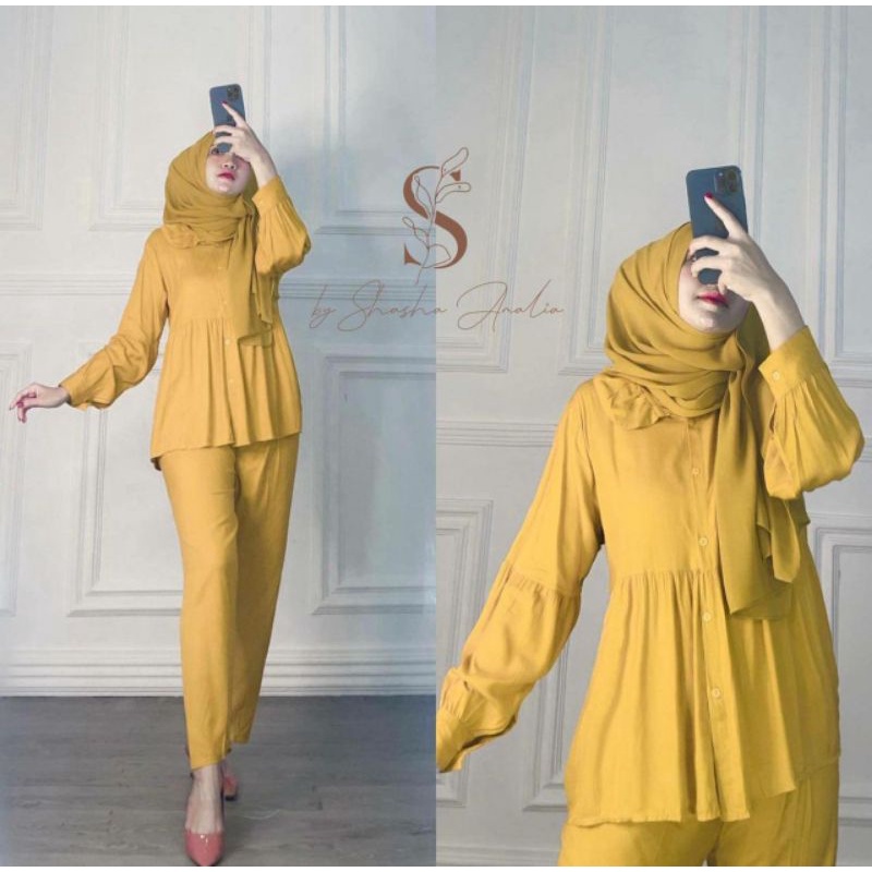 Amanda set - One Set Wanita Rayon Premium Setelan Wanita Rempel Celana Panjang Set Rayon Kekinian LD 110 cm