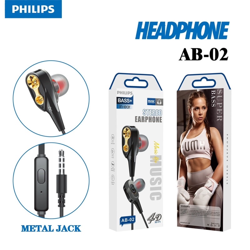 Headset Handsfree Philips + Mic Hifi Extra Bass AB-01 AB-02 AB-03 Promo Sen