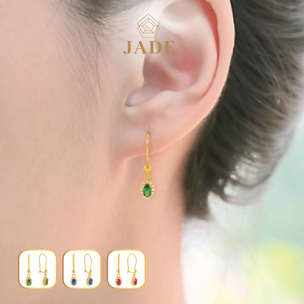 JADE - Anting Gondel Emas Asli Lady Diana Motif Bulat Rantai Pendek Batu Permata Oval kadar 375 - Je