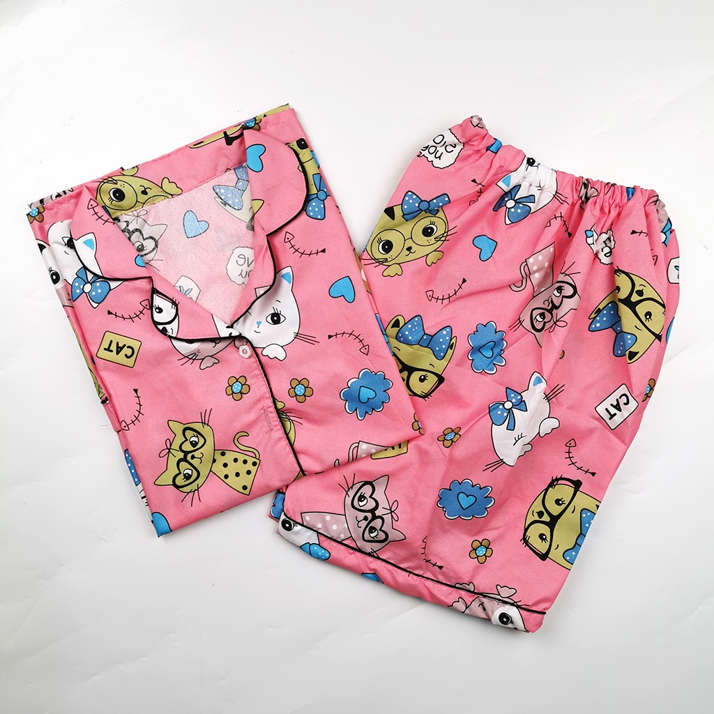 Setelan Piyama Dewasa Celana Pendek Lengan Pendek Hotpant All Size-HPL CAT GLASS PINK
