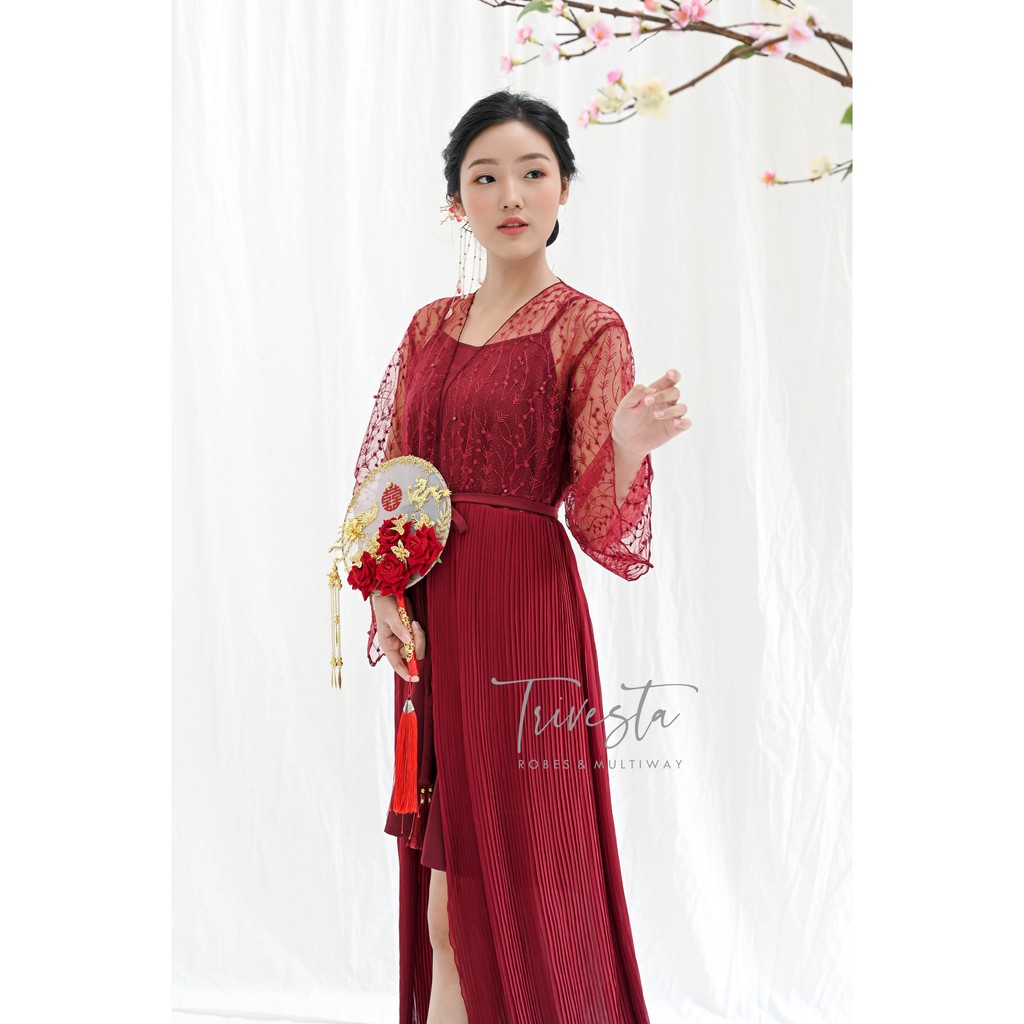 Clarkia Robe in Maroon - Sangjit Tingjing Lamaran Robe Kimono Pengantin
