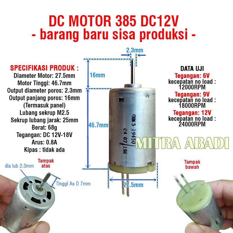 DC Motor Dinamo Kecil 385 DC 12V 15W Axis As 2.3mm 2.35mm NO FAN