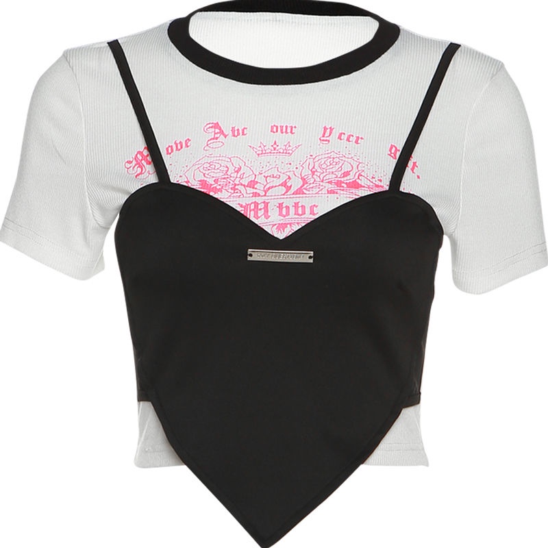 Hot girl spades heart stitching T-shirt wanita palsu dua potong slim fit all-match top trendy