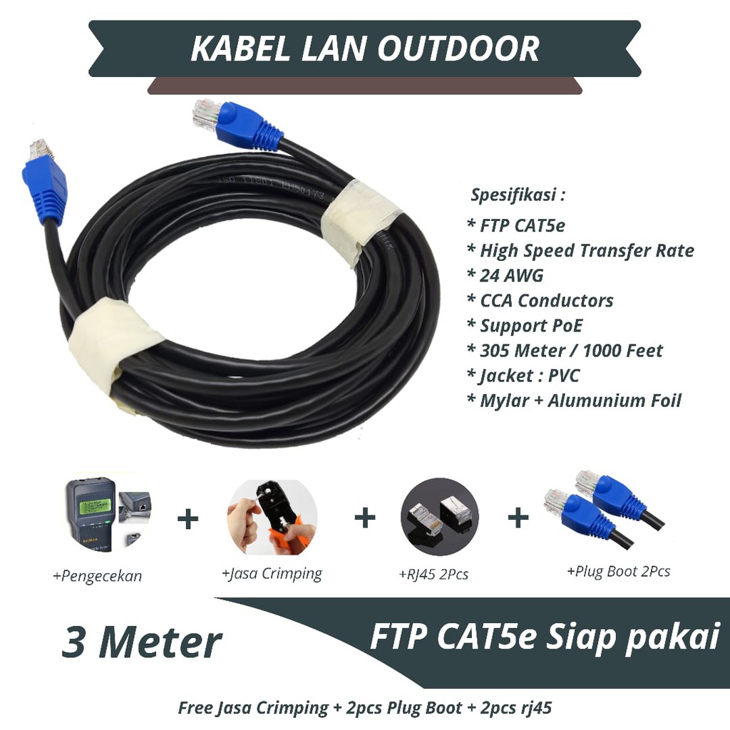 Kabel LAN STP FTP Cat 5e Outdoor CCA Panjang 3 Meter Siap Pakai