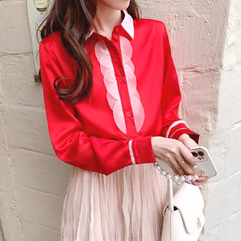 MDLV ~ 0949# CNY Moira Lace Placket Shirt Premium Kemeja Merah Import Fashion Import