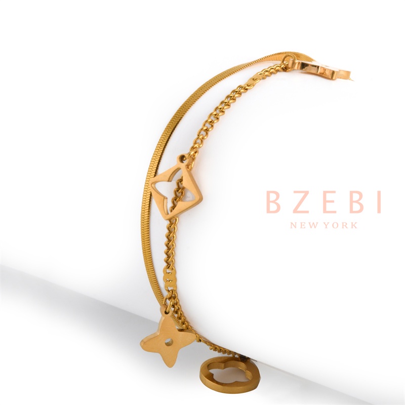 Bzebi Gelang Tangan Titanium Steel Lapis Emas 18k Hias Berlian Gaya Korea Untuk Wanita 1008b