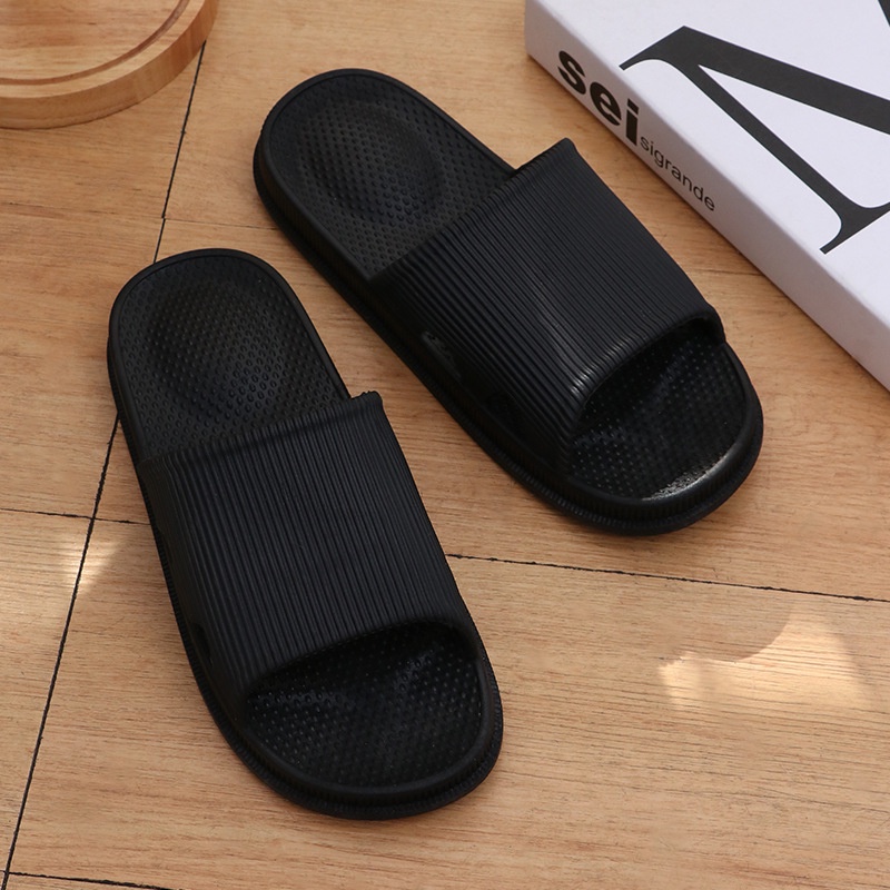 HC Sandal Slop Karet Polos Tebal 6494 Sendal Rumah Berkualitas Motif Salur Sendal EVA Empuk Sendal Karet Couple Garis Home Slipper Anti Slip Wanita Pria Gaya Korea Murah Import-HITAM