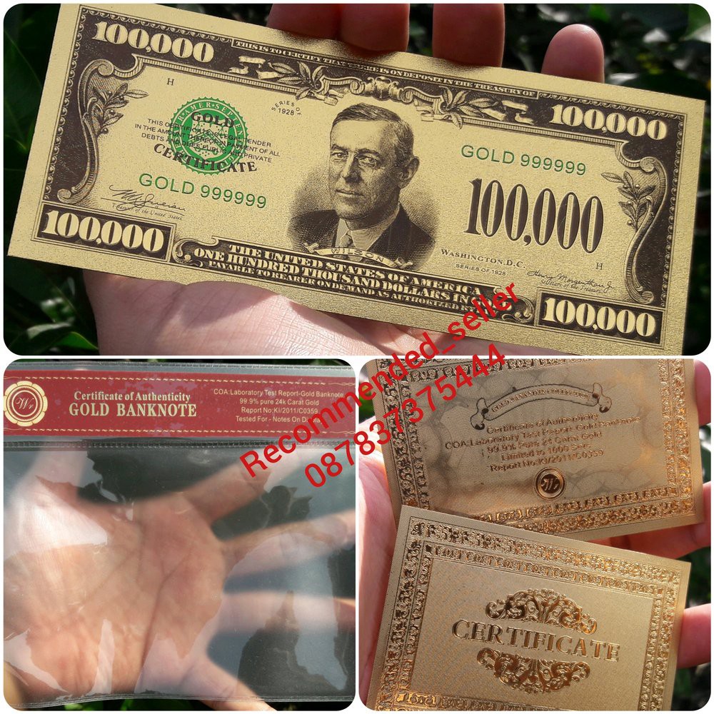 Uang souvenir soufenir gold foil goldfoil 100.000 100000 dollar amerika usd boston 1934 lengkap