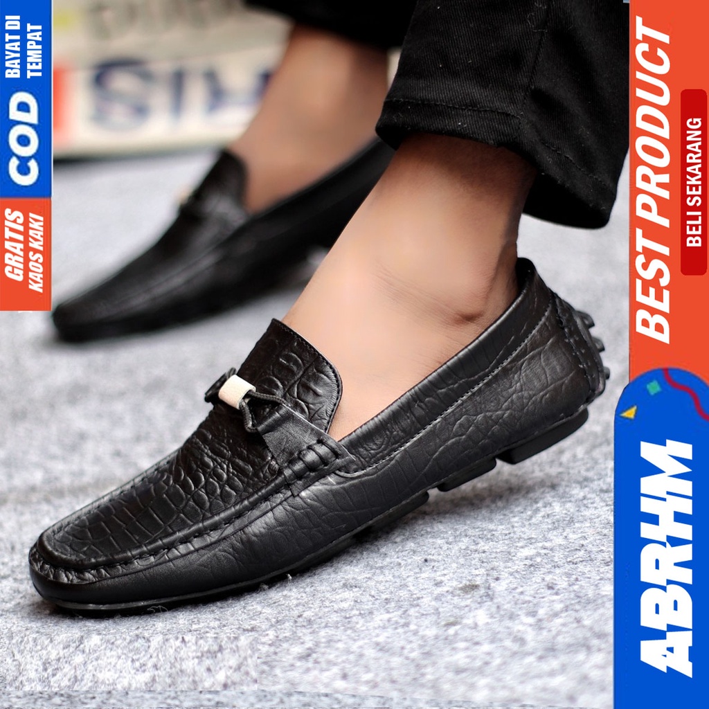 Sepatu Casual Pria Formal Slip On Pantofel Kulit Asli Kerja Kantor Kondangan Kuliah Hitam Fashion Shoes Terbaru Murah Kekinian Original PARIS ABRHM