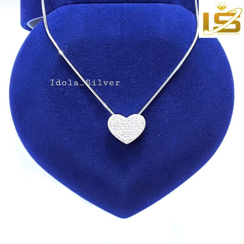 SET KALUNG PERAK ASLI SILVER WANITA 925 LAPIS EMAS PUTIH MODEL LIONTIN LOVE LANGSUNG PERMATA FULL - PERHIASAN PERAK WANITA