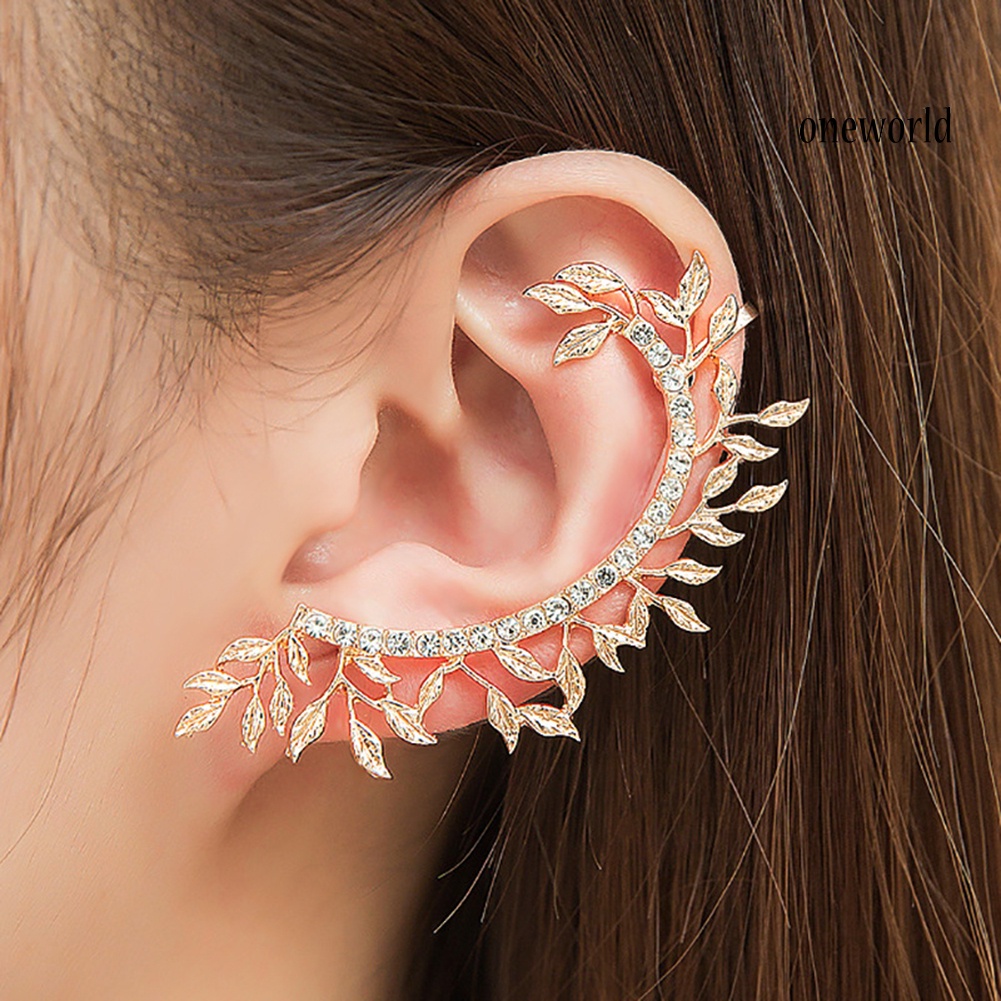 OW@ 1Pc Vintage Leaf Curved Full Rhinestone Ear Cuff Women Clip On Earrings Jewelry