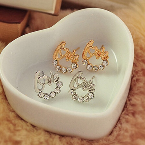 Hu Hu Hu Hu Hu Alat Bantu Pasang Kacamata♡ Anting Tusuk Desain Tulisan Love Hias Berlian Imitasi Gaya Elegan Berkilau Untuk Wanita