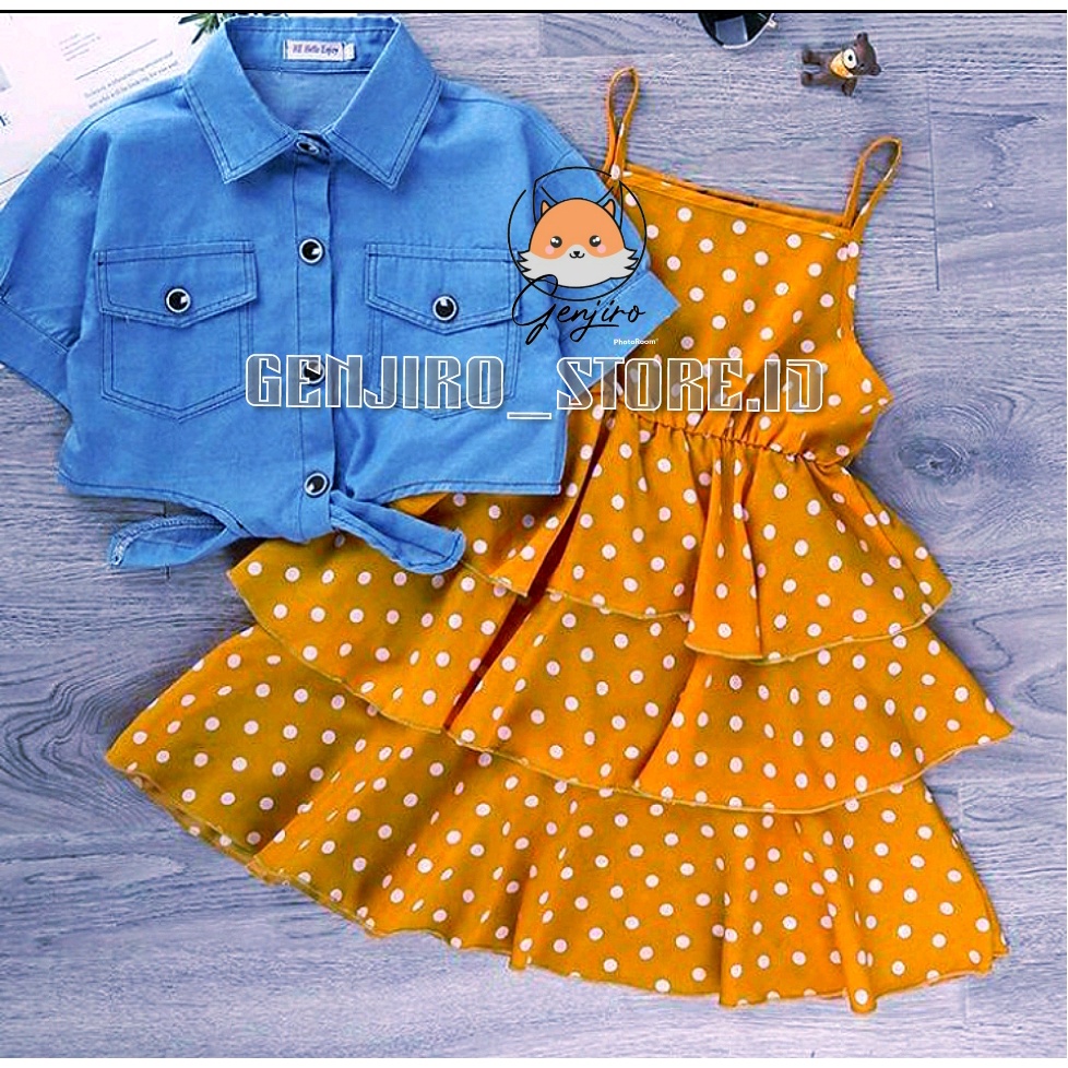 GENJIRO STORE.ID/PAKAIAN ANAK PEREMPUAN/DRESS ANAK PEREMPUAN/DRESS DAN ROMPI DENIM/DRESS POLKADOT SINGLET + ROMPI DENIM/UNTUK USIA 6 BULAN-5 TAHUN/BISA COD