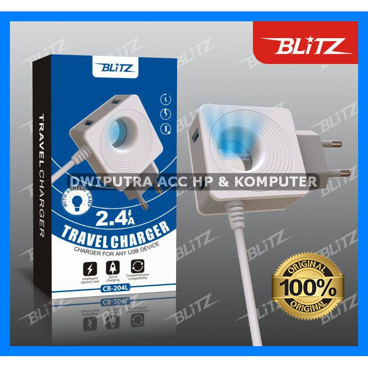 TRAVEL CHARGER BLITZ 2USB CB204L/G88 2.4A QUICK CHARGING WITH ACRILIC LAMP ORIGINAL