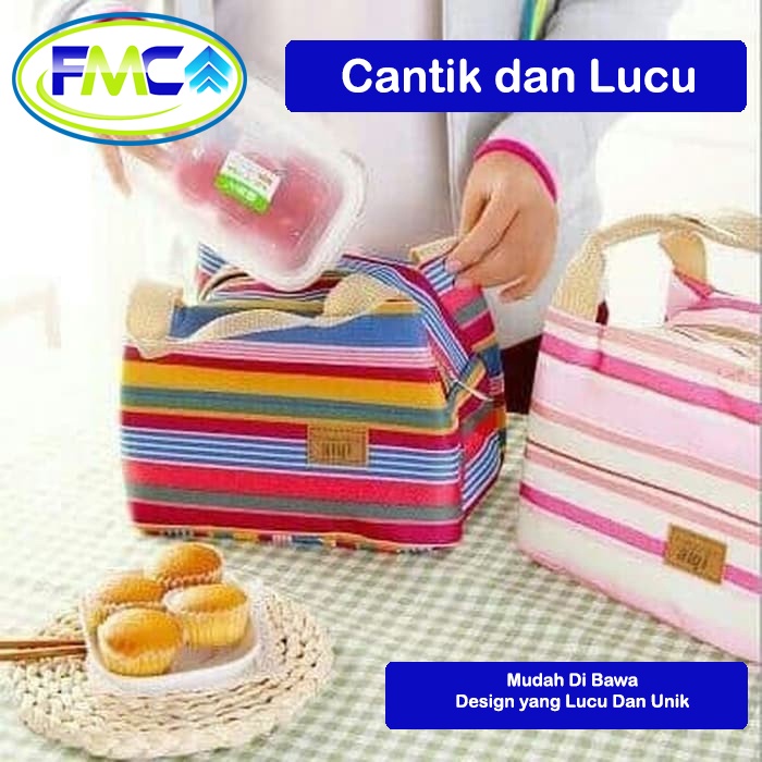 Tas Bekal Makanan Anak Dewasa Lunch Bag Besar Tahan Panas Motif Unik Salur Murah Kotak Tempat Penyimpanan Peralatan Makan Coller Bag