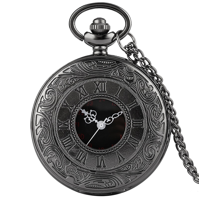 Jam Saku Antik Liontin Warna Hitam Angka Romawi Kuarsa Hollow Case Steampunk Vintage Kalung Untuk Pr
