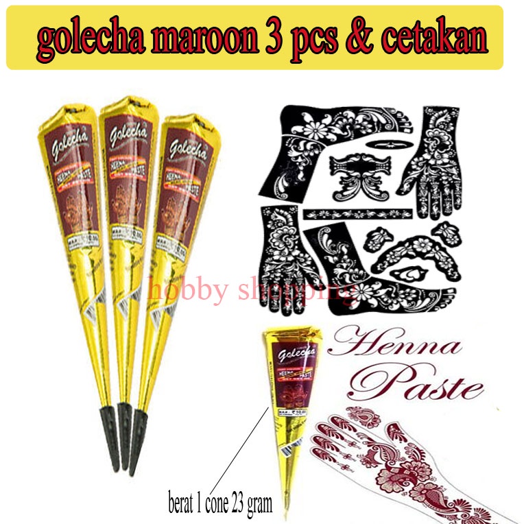 Paket - Golecha Maroon 3 Pcs - Henna Tangan Golecha Marun 3 Pcs - Cetakan Henna 1 pcs