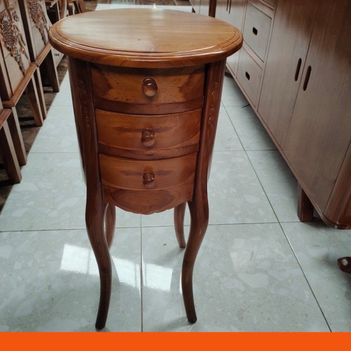Meja Nakas Bulat Minimalis Laci 3 kayu jati
